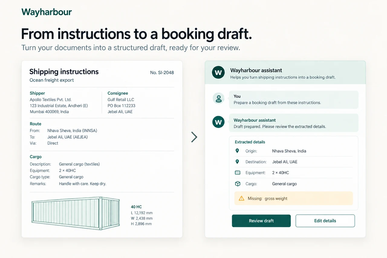 Illustrative assistant extracting shipping instructions into a reviewed booking draft