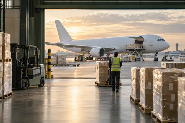 Warehouse freight staged beside a cargo aircraft