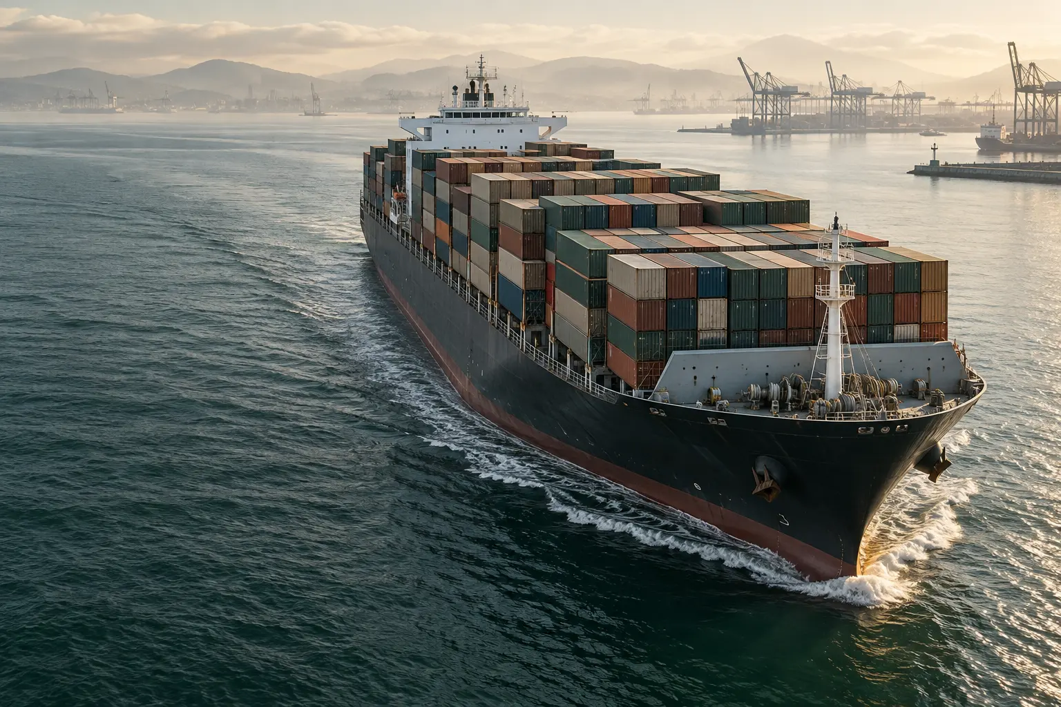 Loaded container ship sailing through sunrise harbour waters
