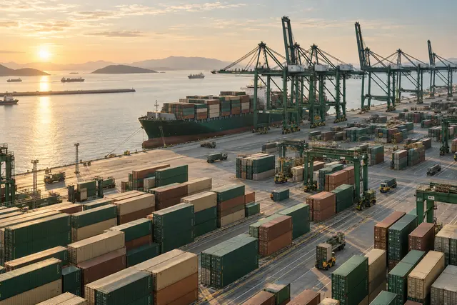 Container terminal with a docked vessel and gantry cranes